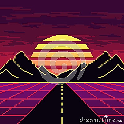 Pixel synthwave purple road with mountains and sun background. Vector Illustration