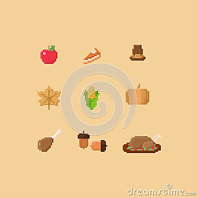 Pixel thanksgiving elements.8bit. Stock Photo