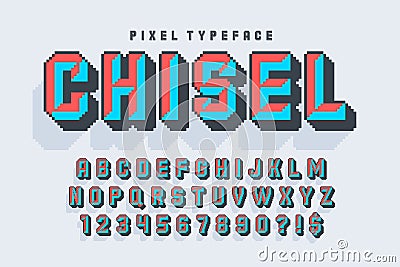 Pixel vector alphabet design, stylized like in 8-bit games. Chisel crafted. Vector Illustration