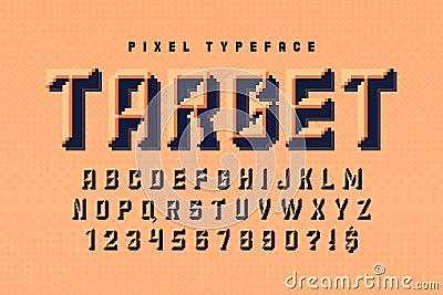 Pixel vector alphabet design, stylized like in 8-bit games. Chisel crafted. Vector Illustration