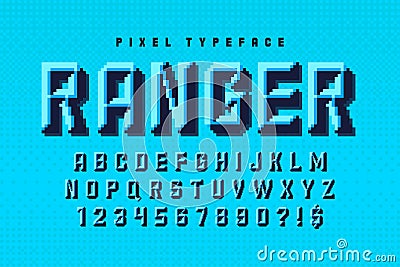 Pixel vector alphabet design, stylized like in 8-bit games. Chisel crafted. Stock Photo