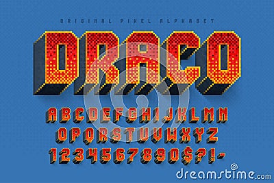 Pixel vector alphabet design, stylized like in 8-bit games. Stock Photo