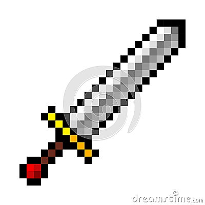Pixel video game sword icon cartoon retro game style Vector Illustration