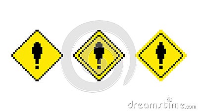Pixel warning road sign. Yellow rhombus with black exclamation mark Vector Illustration