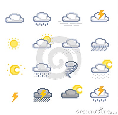 Pixel Weather Icons Vector Illustration