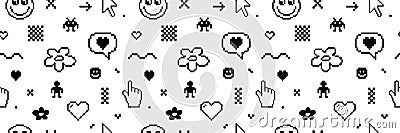 Pixel Y2k retro seamless pattern. 8bit icons abstract icon flower heart checkerboard cursor hand. Vector Illustration