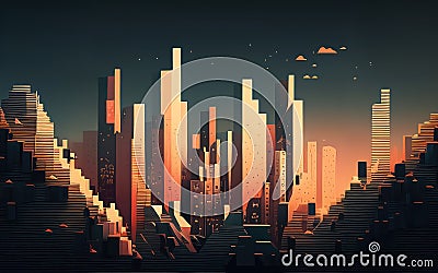 Pixelated cityscape with blocky shapes and gradients in a monochromatic color scheme Stock Photo