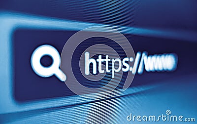 Pixelated closeup view of internet browser address bar with https and search icons in blue Stock Photo