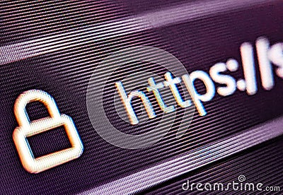 Pixelated closeup view of an internet browser search bar with https text and secure icon Stock Photo