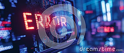 A pixelated computer error message stands out in red against a backdrop of glitchy binary code Cartoon Illustration