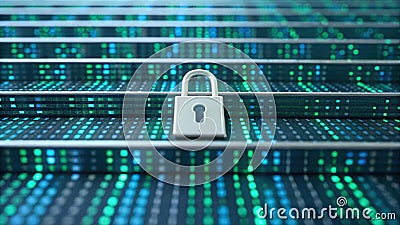 Pixelated data steps leading to a secure padlock icon representing data protection Stock Photo