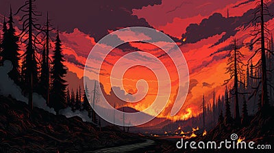 Fiery Red Landscape: A Nightmarish Illustration With Realistic Perspective Cartoon Illustration
