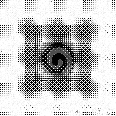 Pixelated gradient square background. Black dithered radial gradation texture. Retro bitmap game backdrop. Halftone 8 Vector Illustration