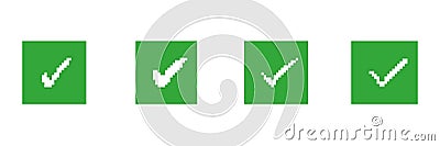 Pixelated Green Check Mark Icons Set in Square Shape. Approval or Success Symbols Collection. Validation and Vector Illustration