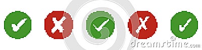 Pixelated Green Check Marks and Red X Symbols in Circles for Retro UI Design. Success and Error Sign Collection Vector Illustration