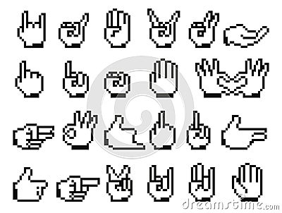 Pixelated hand icons. Human fingers cursor symbols with different gestures, internet computer mouse cursor signs. Vector Vector Illustration