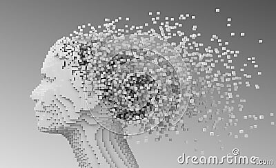 Pixelated Head Of Woman And 3D Pixels As Hair Stock Photo