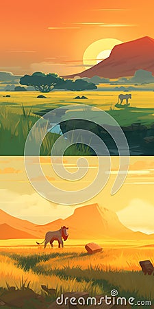 Pixelated Landscapes: A Lion King Art Collection Cartoon Illustration