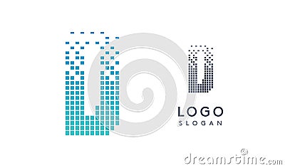 Pixelated Letter D transitioning into scattered pixels with gradient colors creating modern, digital effect like Vector Illustration