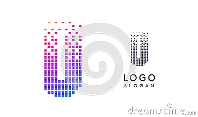 Pixelated Letter U D transitioning into scattered pixels with gradient colors creating modern, digital effect like Vector Illustration