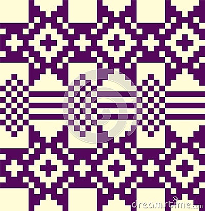 Pixelated ornament from a wool blanket. Purple and light yellow squares Stock Photo