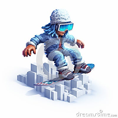 Pixelated Realism: 3d Cartoon Snowboarding In The City Stock Photo
