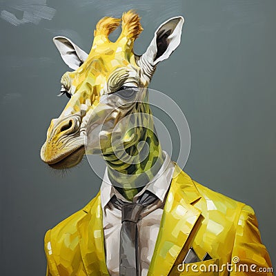 Pixelated Realism: Yanjun Cheng's Yellow Giraffe Painting In A Stylish Suit Stock Photo