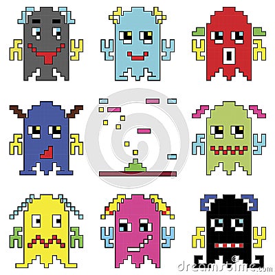 Pixelated robot emoticons 1 shooting spaceship element inspired by 90's computer games showing different emotions Vector Illustration