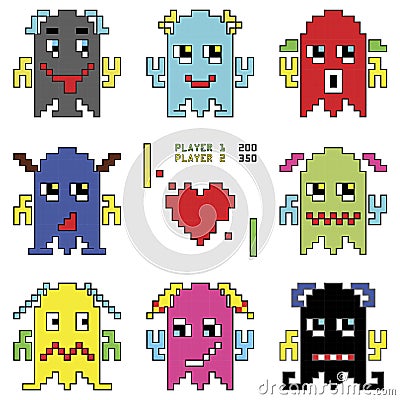 Pixelated robot emoticons 1 shooting spaceship element inspired by 90's computer games showing different emotions Vector Illustration