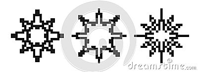 Pixelated stars and snowflakes element set. Black 8-bit pixel art collection. Retro binary sparkle, shine, burst Vector Illustration