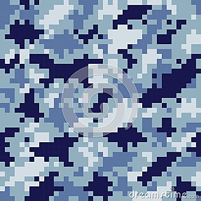 Pixelated texture military blue camouflage seamless pattern Vector Illustration