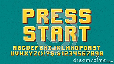 Pixelated typeface computer graphic letters and numbers, old school nostalgic pixel video game font, colorful retro alphabet, Vector Illustration