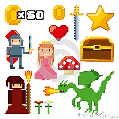 Pixelated video game icons Vector Illustration