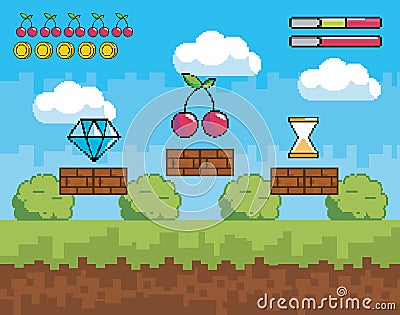 Pixelated videogame scene with diamond and cherry Vector Illustration