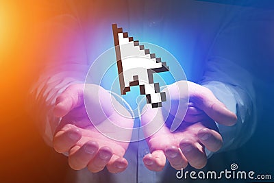 Pixeled black and white mouse pointer displayed on a futuristic Stock Photo