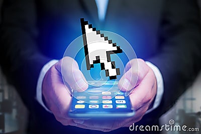 Pixeled black and white mouse pointer displayed on a futuristic Stock Photo