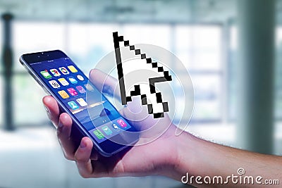 Pixeled black and white mouse pointer displayed on a futuristic Stock Photo