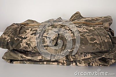 Pixeled digital military camouflage. Ukrainian soldier uniform Stock Photo