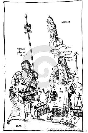 PIzarro and Cortes offering Inca and Aztec Empire. Depiction at Lienzo de Tlaxcala Editorial Stock Photo