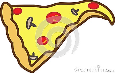 The colored icon is a slice of pizza with mushrooms, tomatoes and melted cheese Vector Illustration
