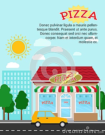 Pizza advertising banner with shop building Vector Illustration