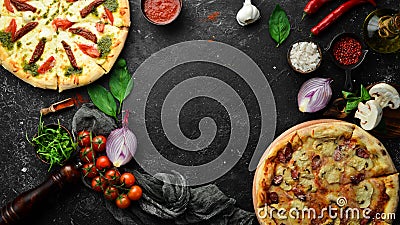 Pizza background. Set of delicious homemade pizzas. Stock Photo