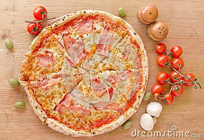 Pizza with bacon, pepperoni, melted cheese and mushrooms - Top view Stock Photo