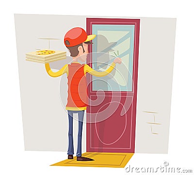 Pizza Box Delivery Boy Man Concept Knocking at Customer Door Wall Background Retro Cartoon Design Vector Illustration Vector Illustration