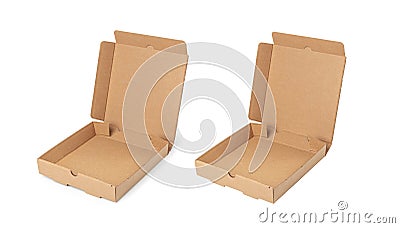 Pizza Box Isolated, Craft Paper Delivery Package Mockup, Cardboard Box on White Background Stock Photo