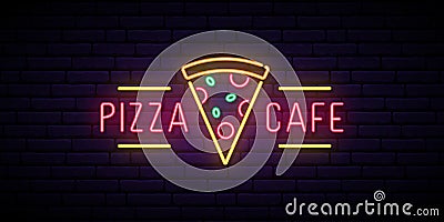 Pizza cafe neon sign. Vector Illustration