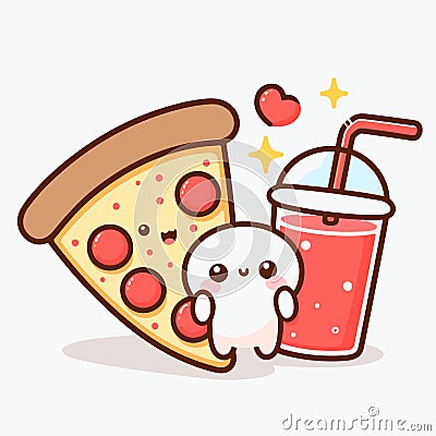 Pizza character with a soda drink, snack food icon, cute kawaii cartoon style vector illustration, generative ai Cartoon Illustration