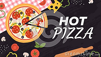 Pizza cheddar and mushroom background. Menu pizzeria template. Italian cuisine ingredients and food. Hot pizza delivery Vector Illustration