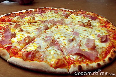 Pizza with cheese, creamy bacon sauce and ham. Stock Photo