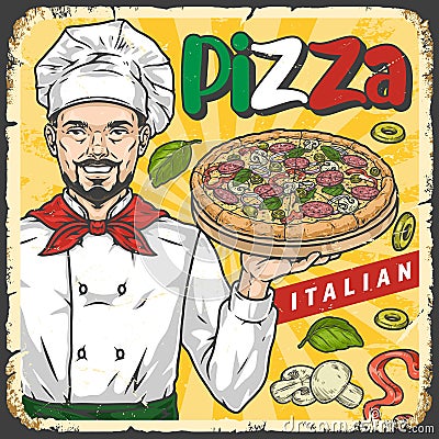 Pizza chef vintage flyer colorful Vector Illustration